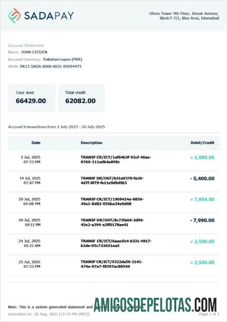 Extrato de conta SadaPay do Paquistão para impressão, modelo Word e PDF